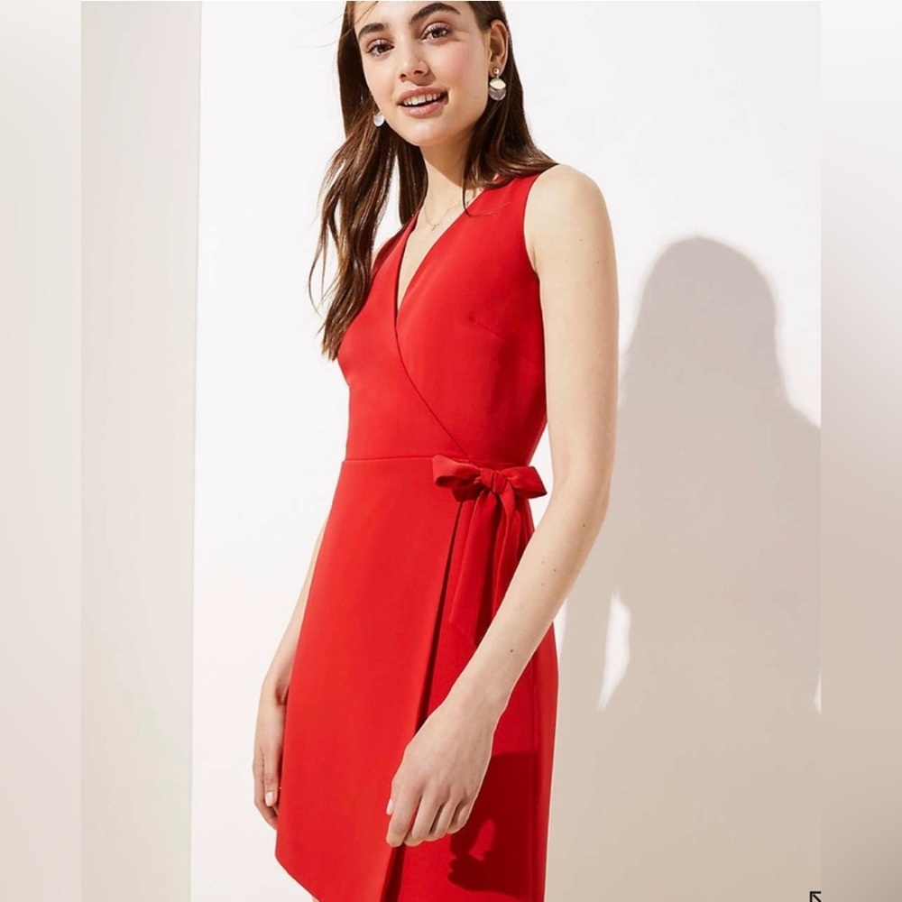 LOFT RED FAUX WRAP SLEEVELESS LINED DRESS WITH BOW 10 NEW